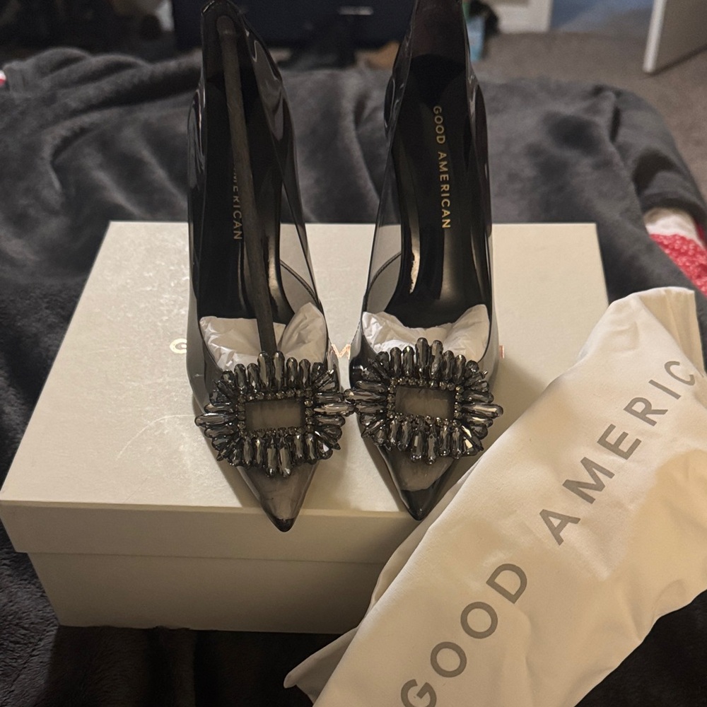 NIB GOOD AMERICAN Cinder-F*cking-Rella smoke translucent w/ jeweled toe SZ 5.5 - Picture 2 of 11